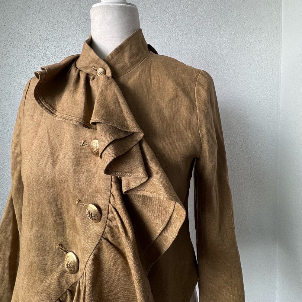 Anthropologie Ruffian Jacket Linen Silk Gold Blazer Asymmetric SZ 0 - Picture 10 of 11